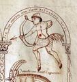 Munich, Staatsbibl. Clm 10270 n.b. – satyr, back to viewer, runs to the left, bow drawn, Phrygian cap