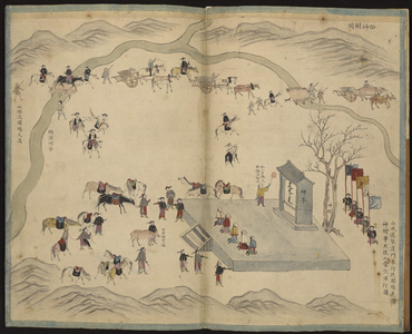 The Complete Map of the Shengjing Enclosure (盛京围场全图), held in the Library of Chinese Studies of the Collège de France. The map provides a detailed depiction of the mountains, rivers, and various structures of the Shengjing (Shenyang) imperial hunting enclosure during the Qing dynasty, including a sacrificial altar stele pavilion.[4]