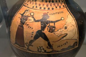 Perseus defends Andromeda from the monster Cetus by pelting it with stones. Corinthian amphora, 575–550 BC