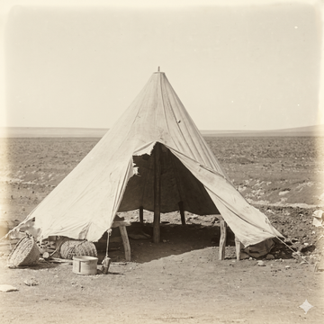 Arabian Khiba tent supported by one pole. image inspired by a century old photo in Matson collection in Library of Congress