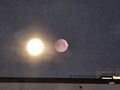 Mars two moon widths next to the Moon, photograph at full moon taken through a window in order to produce a dimmer image of the full moon next to Mars: the planet is at the right edge of the Moon. (SMH January 2025).
