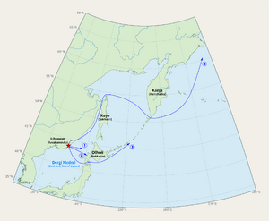 A schematic map showing the five voyages of Umesiben Mama to the east, with no details of the fourth voyage mentioned in the original book. (Haocheng Lyu verifies and draws based on the original legend)