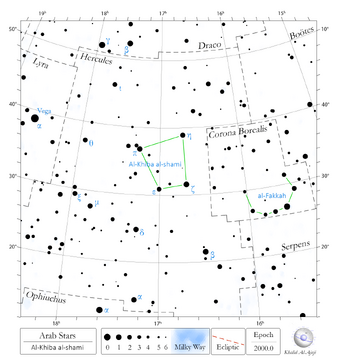 Star chart of the Arabian asterism al-Khiba al-shami (الخباء الشآمي) as described by al-Marzūqī in the area of Hercules constellation. (CC BY Khalid AlAjaji 2026).